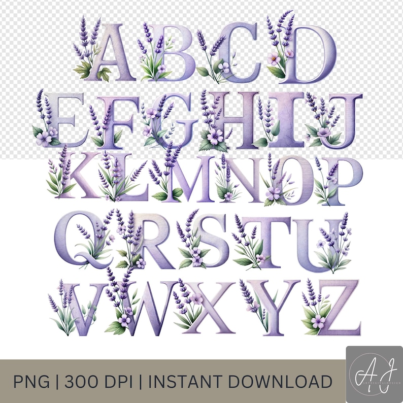 Floral Alphabet Clipart: Purple Watercolor Letters (PNG) - Etsy