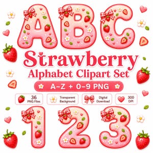 Può includere: Un set di clipart digitali con l'alfabeto e i numeri, decorati con fragole e fiocchi. Sono mostrate le lettere A, B e C, insieme ai numeri 1, 2 e 3. Il set include 36 file PNG con sfondo trasparente.