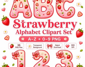 Strawberry Gingham Bow Alphabet PNG, Girls Letters and Numbers Monogram Set, Spring alpha pack, Printable Digital