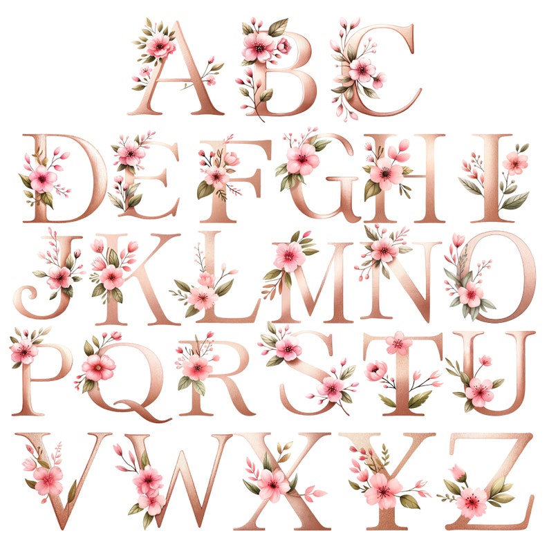 Rose Gold Floral Alphabet | Watercolor Pink Flowers Letter A-Z Clipart ...