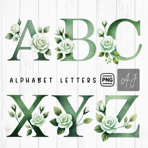 Alfabeto floreale PNG, lettere verdi con rose bianche, design monogramma e progetti di matrimonio Clipart alfabeto PNG, alfabeto digitale fiori