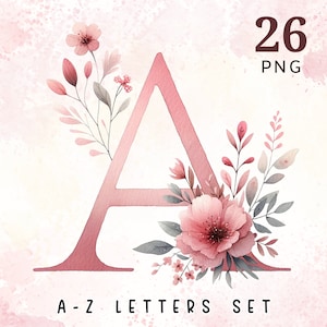 Florales Alphabet A - Z Clipart, Rosa Blumenbuchstaben Png, Aquarell Alphabet png, Hochzeitsbuchstabe png, Alphabet 26 Florale Buchstaben Clipart