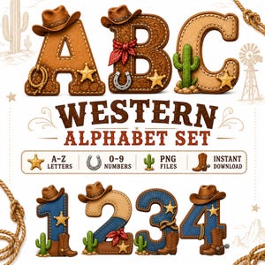 Alfabeto occidental PNG, imágenes prediseñadas de letras y números de vaquero, conjunto digital de vaquera de la A a la Z del 0 al 9, fuente de cuero vaquero, sublimación de camisetas de cumpleaños