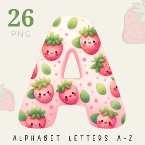 Alfabeto della fragola, lettere di frutta, carattere della fragola, lettere di sublimazione delle fragole, clipart dell'alfabeto dell'acquerello, download di file digitali
