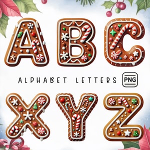 Lebkuchen Alphabet PNG, Weihnachtsplätzchen Buchstaben Clipart, Feiertagsschrift Sublimation, Festliches Alphabet Digital Download