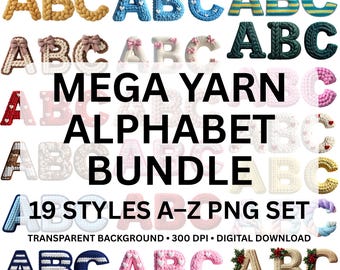 Mega Yarn Alphabet Bundle PNG, Faux Crochet Letters A-Z, Knitted Alphabet Clipart for Sublimation, Monogram Crafts, Printable Designs