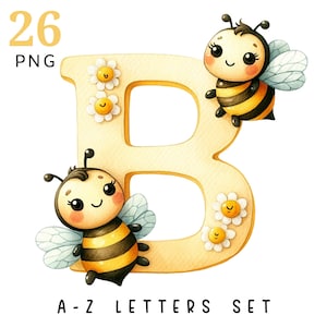 Letras do alfabeto com tema de abelha para decoração de berçário, arte colorida de parede A - Z, clipart de coleção de alfabeto em aquarela, letras de rabiscos