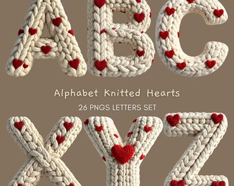Knitted Heart Alphabet Clipart, Cozy Yarn Letters PNG, Valentine Font Bundle, Cute Knit Texture Font A-Z, Sweater Letters Sublimation
