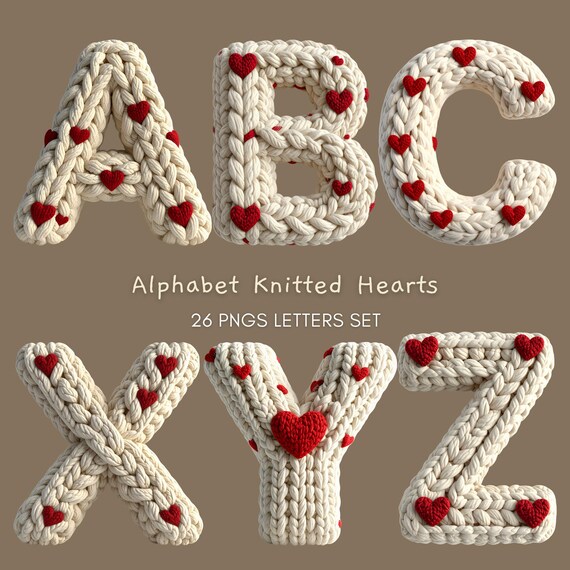 Alphabet Knitted Hearts, 3D Render PNG, Cozy fabric text Digital Download