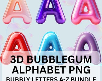 3D Bubblegum Alphabet PNG Bundle, Bubbly Letters A-Z Clipart, Candy Style Alphabet for Sublimation, Kids Party Printable Crafts