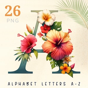 Alfabeto tropical aquarela, letras de folhas florais png, convite de casamento de fonte de verão, download instantâneo de carta do Havaí