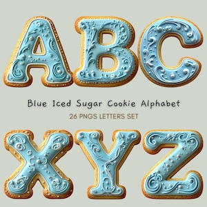 May include: Six sugar cookies shaped as the letters A, B, C, X, Y, and Z. The cookies have a light brown base with light blue icing and white decorative swirls and dots. The text "Blue Iced Sugar Cookie Alphabet" and "26 PNGS LETTERS SET" is below the cookies.
