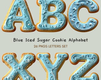 Cookie Alphabet Letters Clipart: Blue Iced Sugar Cookie Font Decorative Letter Design Digital Download
