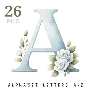 Alphabet floral A - clipart Z, fleurs bleues lettres Png, Alphabet aquarelle png, mariage lettre png, Alphabet 26 lettres florales clipart