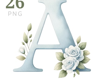 Floral Alphabet Clipart: Blue Watercolor Letters (PNG Digital Download)