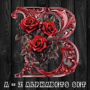 Conjunto de letras do alfabeto rosa vermelha gótica, letras A-Z design gótico com rosas vermelhas exuberantes, ideal para designs de tipografia exclusivos, alfabeto Clipart