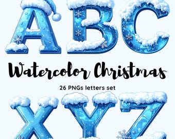Pode incluir: Conjunto de letras azuis para o Natal, cobertas de neve e decoradas com flocos de neve. As letras A, B, C, X, Y e Z são mostradas. O texto "Watercolor Christmas" e "26 PNGs letters set" também são visíveis.
