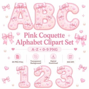 Może przedstawiać: Cyfrowy zestaw clipartów z literami i cyframi w kolorze różowym, ozdobiony małymi kokardkami, serduszkami i perełkami. Tekst głosi Pink Coquette Alphabet Clipart Set, A-Z + 0-9 PNG, 36 PNG Files, Transparent Background, Digital Download, 300 DPI.