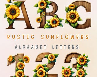 Rustic Sunflower Alphabet & Numbers: Vintage Floral Monogram (Digital Set)