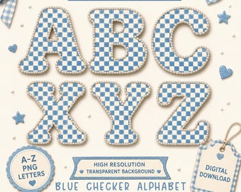 Blue Checker Alphabet PNG, Pearl Initial Letters A-Z, Preppy Monogram Clipart, Baby Boy Sublimation Bundle