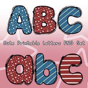 Set di lettere dell'alfabeto a stelle e strisce in formato PNG, clipart di caratteri rosso, bianco e blu, lettere patriottiche dalla A alla Z, alfabeto stampabile a tema USA