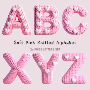 May include: A selection of soft pink knitted alphabet letters, including A, B, C, X, Y, and Z, decorated with white heart-shaped details. The image also displays the text "Soft Pink Knitted Alphabet" and "26 PNGS LETTERS SET".
