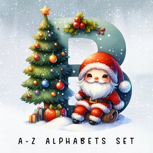 Conjunto de alfabeto de Natal, letras de Papai Noel de A a Z, sublimação de aquarela de árvores de Natal, letras do alfabeto imprimíveis, letras de doodle de Natal