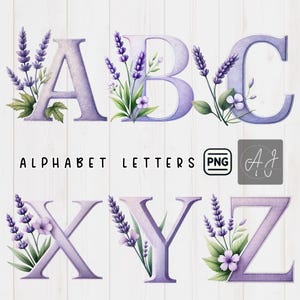Alphabet floral A - clipart Z, fleurs violettes lettres Png, Alphabet aquarelle png, lettre de mariage png, lettres décoratives Clipart lavande