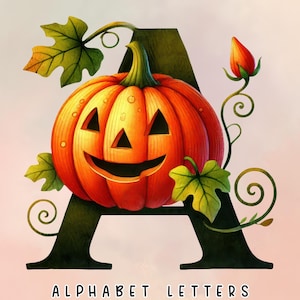 Halloween-pompoenalfabet, Halloween-herfstalfabet, decoratieve pompoenletters, spookachtig lettertype volledig Engels alfabet, digitale download