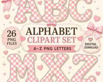 Pink Checker Alphabet Clipart PNG, Pearl Initial Letters A-Z, Girly Monogram Sublimation Design, Digital Letter Bundle