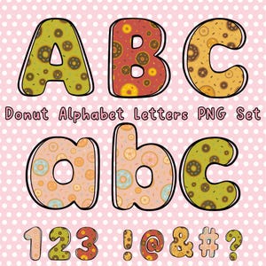 Conjunto de letras PNG del alfabeto de donas, imágenes prediseñadas A-Z para niños, fuente de postres dulces, letras imprimibles con temática de donas para decoración de fiestas y manualidades.