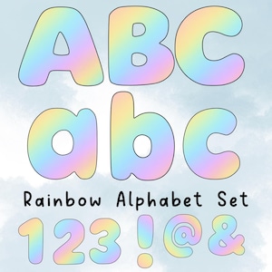 Letras del alfabeto arcoíris PNG, conjunto de letras A-Z y del 0 al 9 con degradado pastel, lindas letras imprimibles para niños, descarga digital