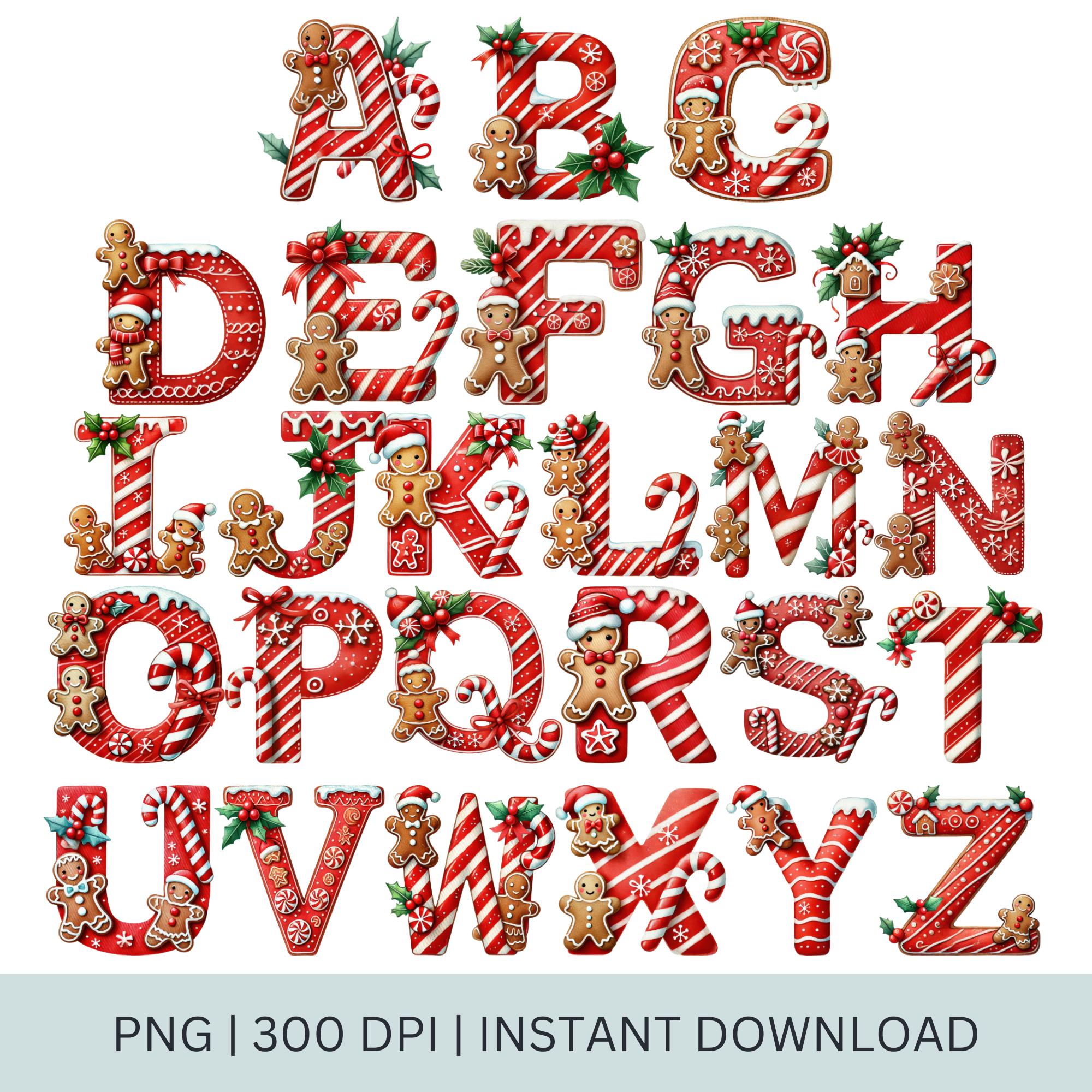 Christmas Alphabet Clipart: Candy Cane Gingerbread Letters (PNG Digital ...