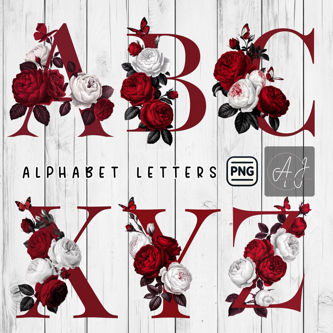 Elegant Floral Alphabet Letters Art Red & White Rose Monogram Design ...