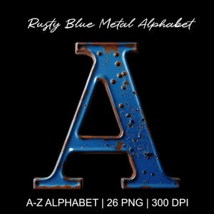Roestig blauw metalen alfabet, vintage industrieel teksteffect, vette hoofdletters, decoratief industrieel lettertype, grunge-tekst, digitale download