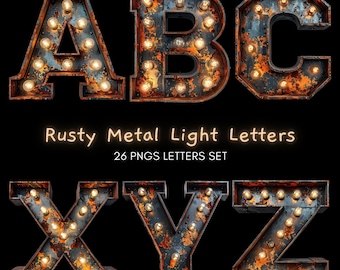 Vintage Marquee Alphabet, Rusty Metal Light Letters, Industrial Retro Sign Font Clipart Digital Download