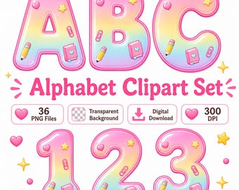 Pink Rainbow School Alphabet PNG Bundle, Back to School Bubble Letters A-Z Teacher Clipart