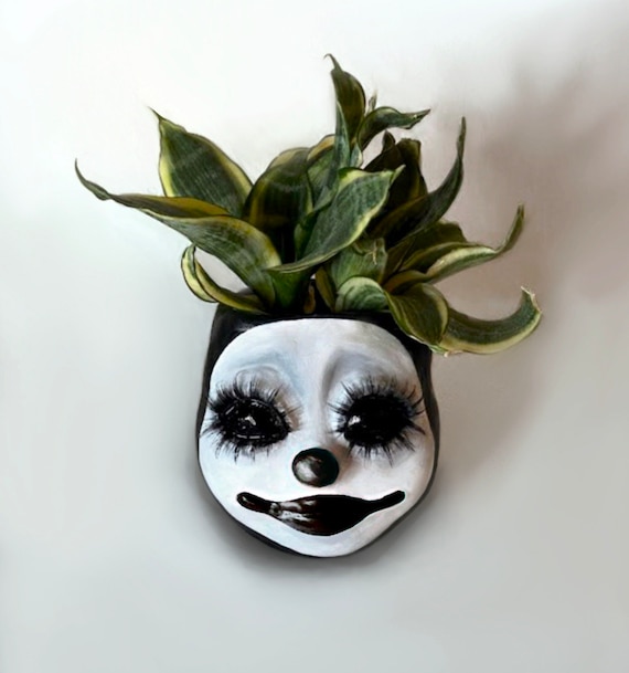 Cute Creepy Doll Face Clown Succulent Planter Vase for Indoor Garden, Handmade Planter Gift for Plant Lover, Sculpted Vase Storage Pot