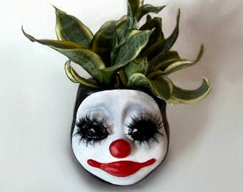 Cute Creepy Doll Face Clown Succulent Planter Vase for Indoor Garden, Handmade Planter Gift for Plant Lover, Sculpted Vase Storage Pot