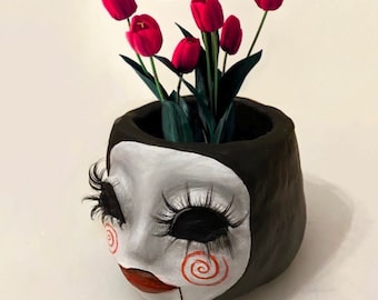 Vaso per piante grasse a forma di bambola puzzle inquietante, perfetto per il giardino interno, vaso fatto a mano, regalo ideale per gli amanti delle piante, vaso scolpito.