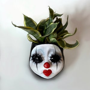 Op de afbeelding: Een handbeschilderde bloempot in de vorm van een clowngezicht, met een wit gezicht, zwarte details, lange wimpers, een rode neus en een hartvormige rode mond. De pot is gevuld met groene en gele sanseveria bladeren.