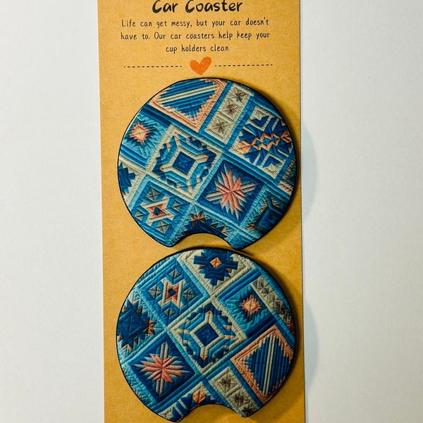 Navajo Inspired Car Coasters, Car Coasters Set of 2, Car Accessories, Western Car Coasters, Blue Navajo Pattern, Car Interior Decor