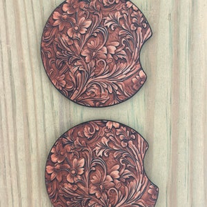 Tooled leather car coaster, car coaster set of 2, car accessories, western car coasters, car interior accessories, sublimated image coaster