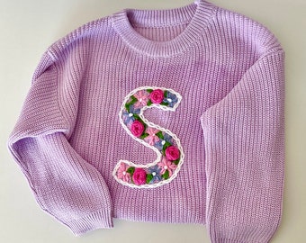 Single Letter Floral Hand Embroidered Sweater