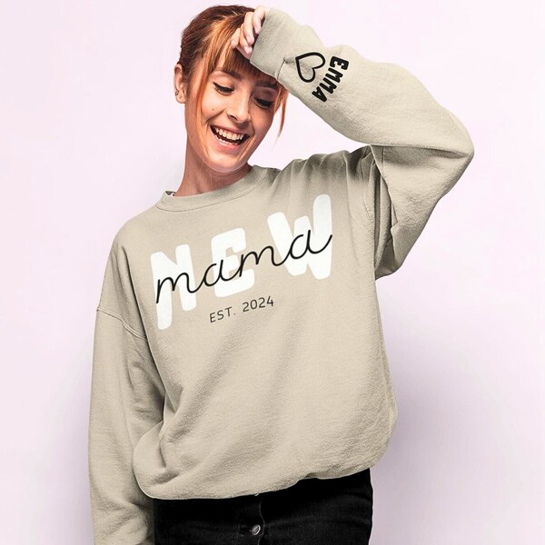 Personalisierter Neue Mama Pullover Personalisiertes Jahr + Name auf dem Ärmel Kindername Geschenk für Mama zur Geburt Muttertagsgeschenk