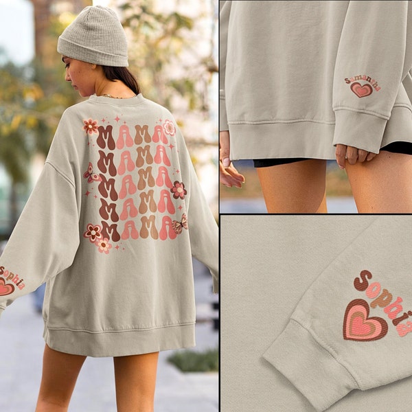 Personalisiertes Mama Sweatshirt mit Kindername auf Ärmel Neue Mama Geschenk für Sie Beste Mama Pulli Mama mit Herz Name auf Ärmel Pullover