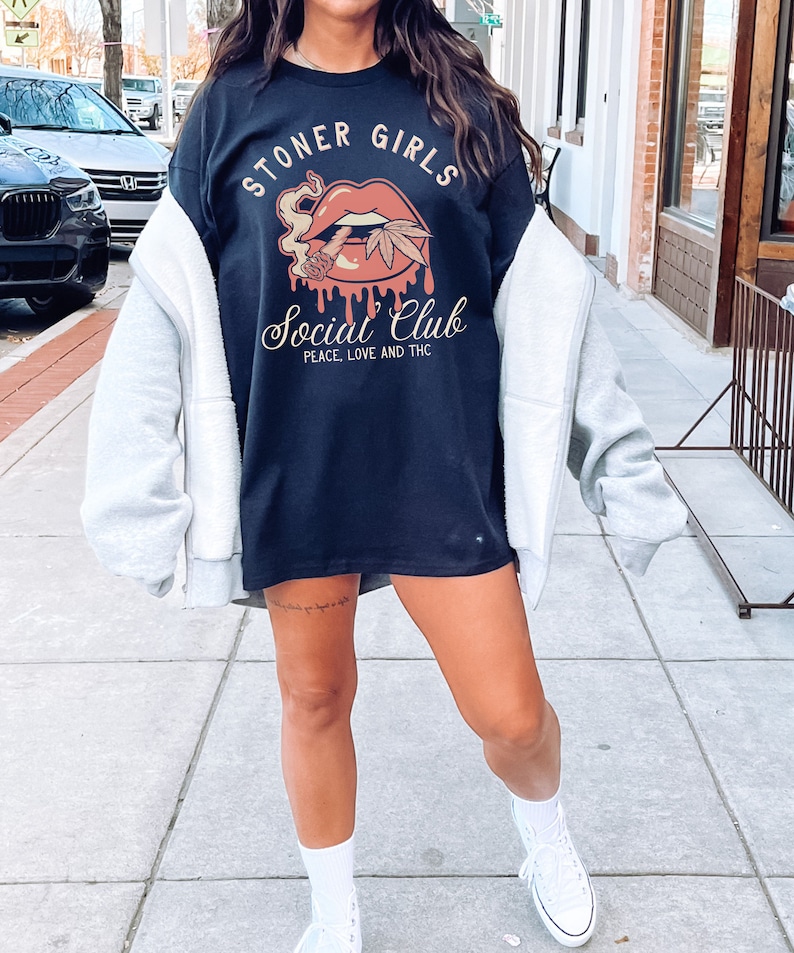Stoner Girls Social Club Shirt Peace Love and THC Retro Aesthetic T-Shirt 420 Gifts Girly Stoner Gifts for Her Weed Stuff Cannabis Marijuana