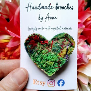 Lovingly handmade green heart brooch made from upcycled textiles