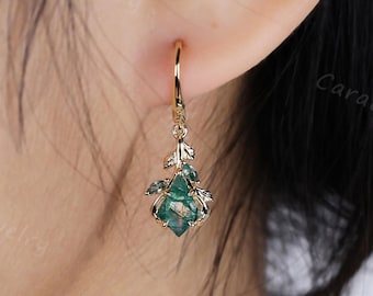 Kite cut Moss agate Pendant and Earrings Rose gold Leaf Nature Inspired earring moss agate Necklace Earrings Bridal Jewelry Set promise gift
