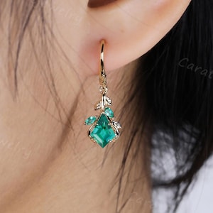 Kite cut Emerald Earrings Rose gold Leaf Green Nature Inspired earring Emerald Earrings Bridal Jewelry promise gift May birthstone for women